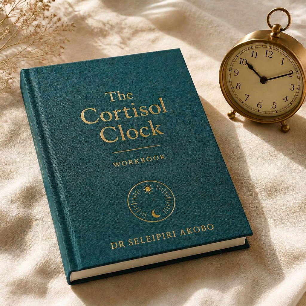 The Cortisol Clock workbook with a teal cloth cover beside a brass clock