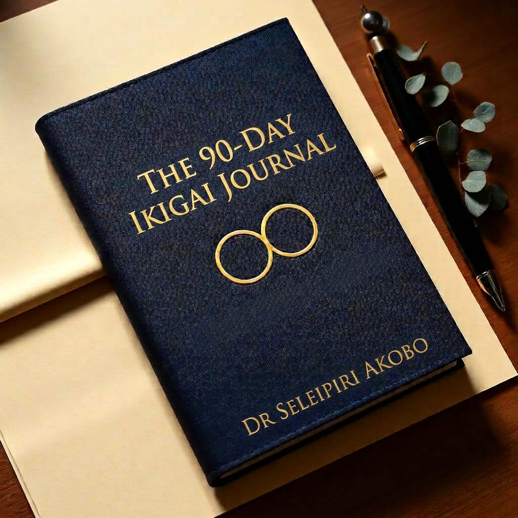 The 90-Day Ikigai Journal with an indigo cloth cover embossed with gold circles